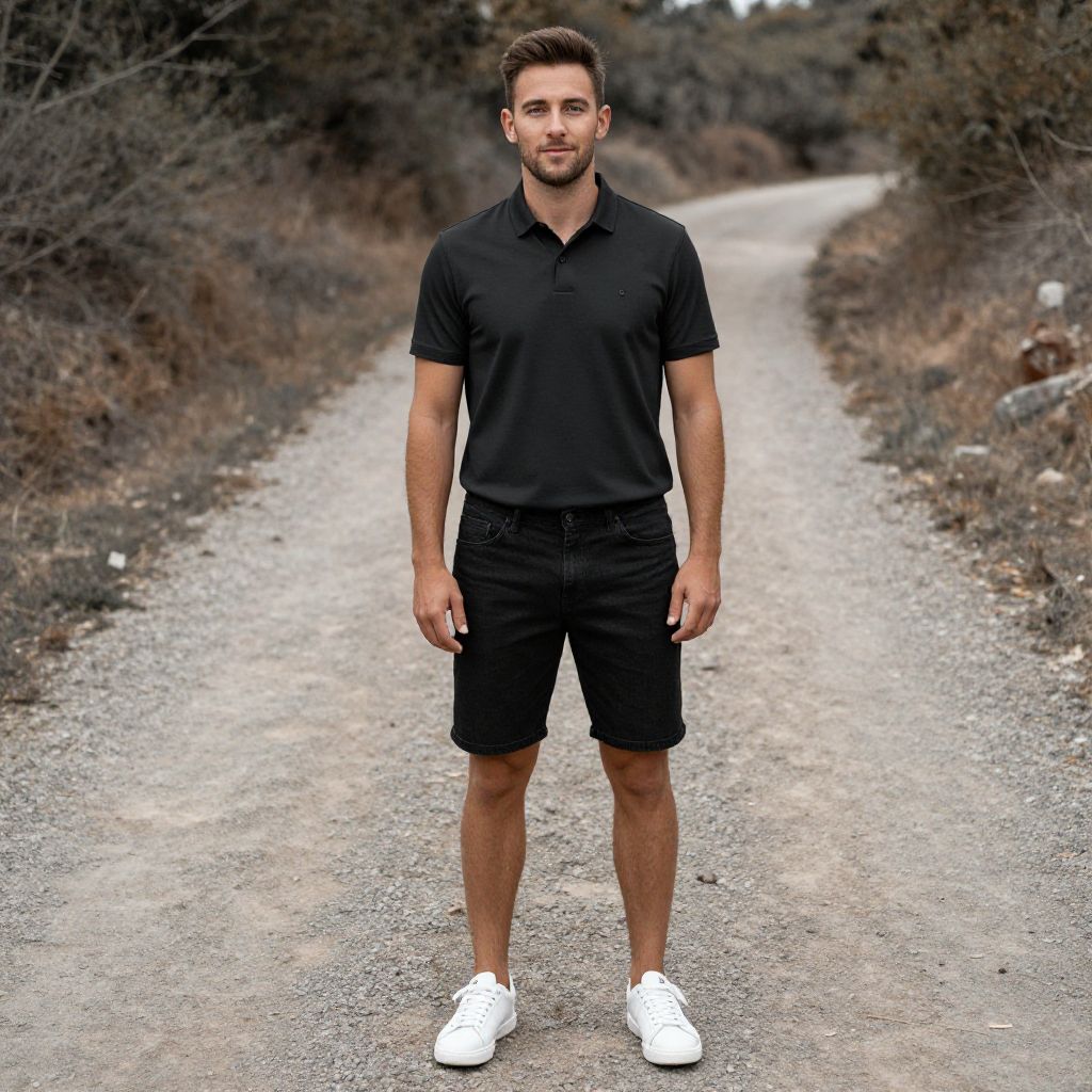 Young Man Wearing Black Polo and Shorts Standing on Gravel Path Outdoors