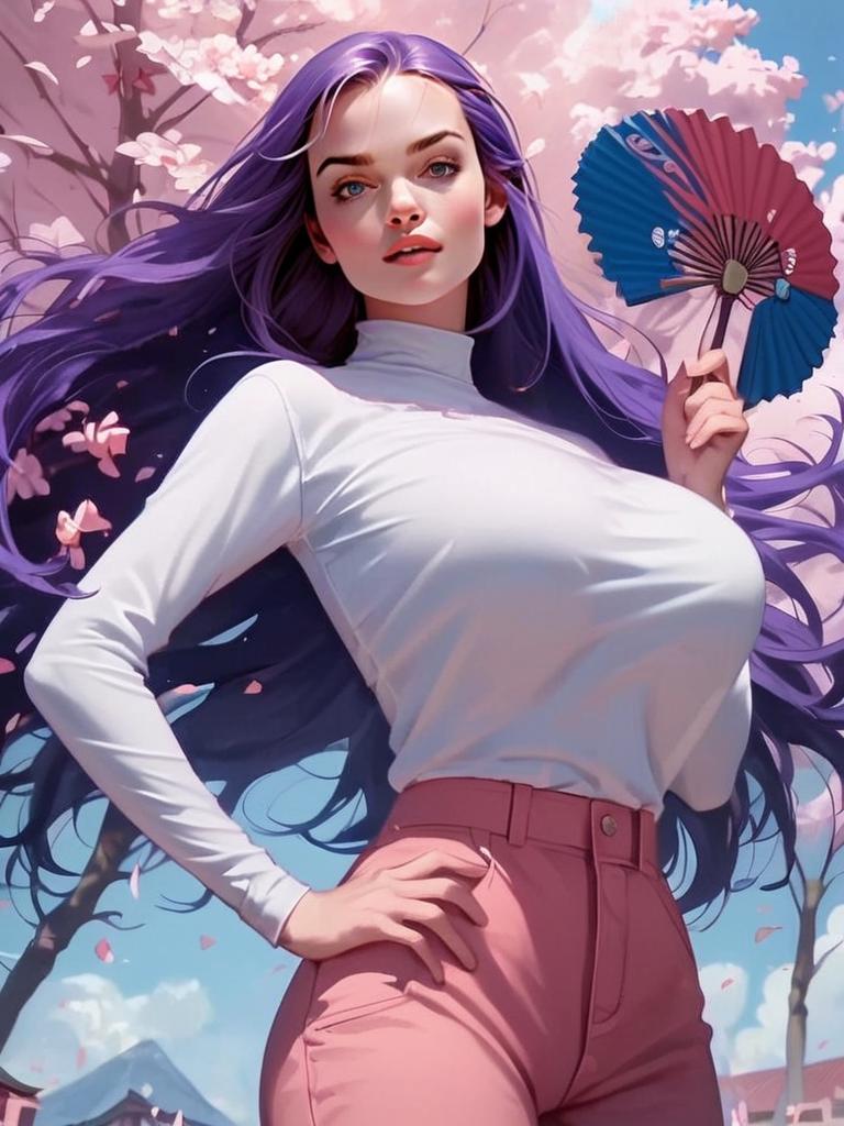 Confident Woman with Purple Hair and Cherry Blossoms Digital Art