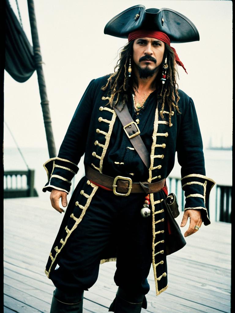 Man in Classic Pirate Costume with Tricorne Hat and Gold Trimmed Coat