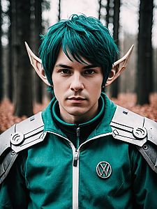 Realistic Azelf Costume Man Cosplay with Elf Ears and Futuristic Armor