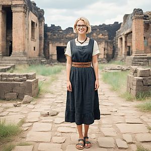 Smiling Woman in Dark Dress at Ancient Ruins