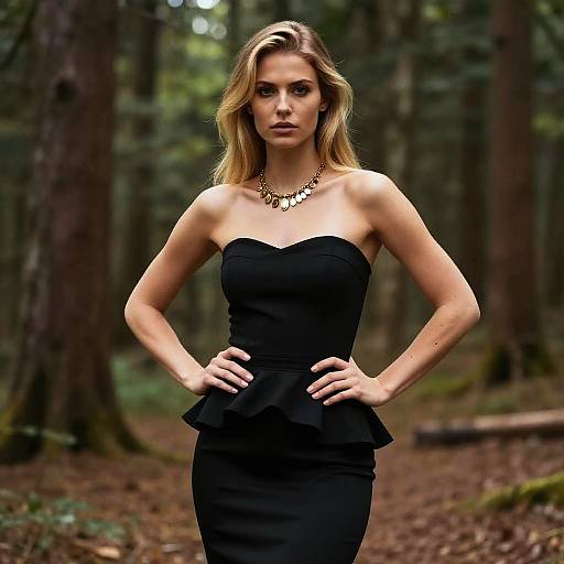 Woman Wearing Black Peplum Dress Outdoors in Forest