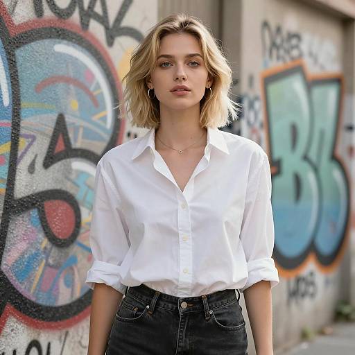 Young Woman in White Shirt and Black Jeans by Graffiti Wall