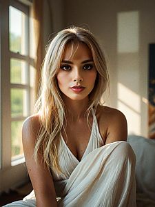 Young Woman in White Dress by Sunlit Window