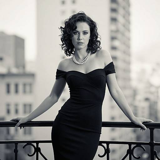 Elegant Woman in Black Dress on Urban Balcony Black and White Portrait