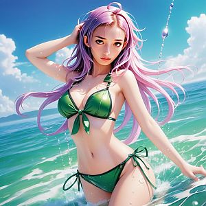 Anime Style Woman with Pink Hair in Green Bikini at Beach