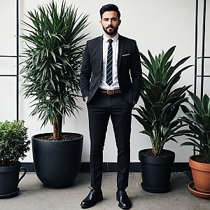 Confident Man in Tailored Suit with Plants