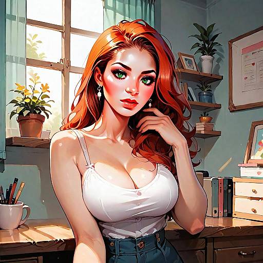 Digital Art of Red-Haired Woman with Green Eyes in Cozy Room