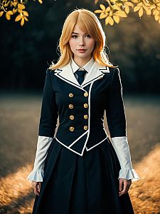 Realistic Makio Cosplay Woman in Elegant Navy Blue Costume