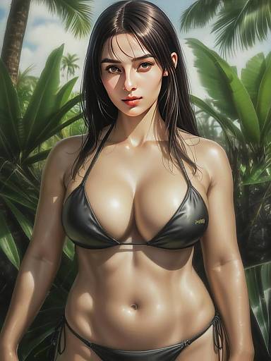 Hyper-Realistic Digital Painting of Woman in Black Bikini in Tropical Setting