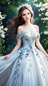 Elegant Woman in Off-Shoulder Ball Gown Among White Flowers