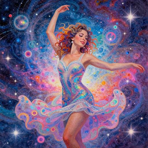 Cosmic Dance of a Woman in Vibrant Surreal Galaxy