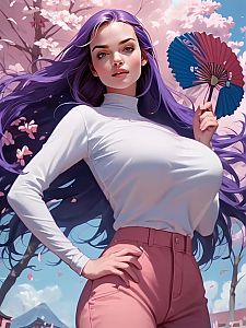 Confident Woman with Purple Hair and Cherry Blossoms Digital Art