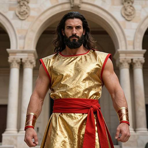 Man in Gold and Red Ancient Warrior Costume in Classical Architectural Setting