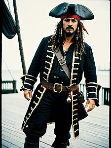 Man in Classic Pirate Costume with Tricorne Hat and Gold Trimmed Coat