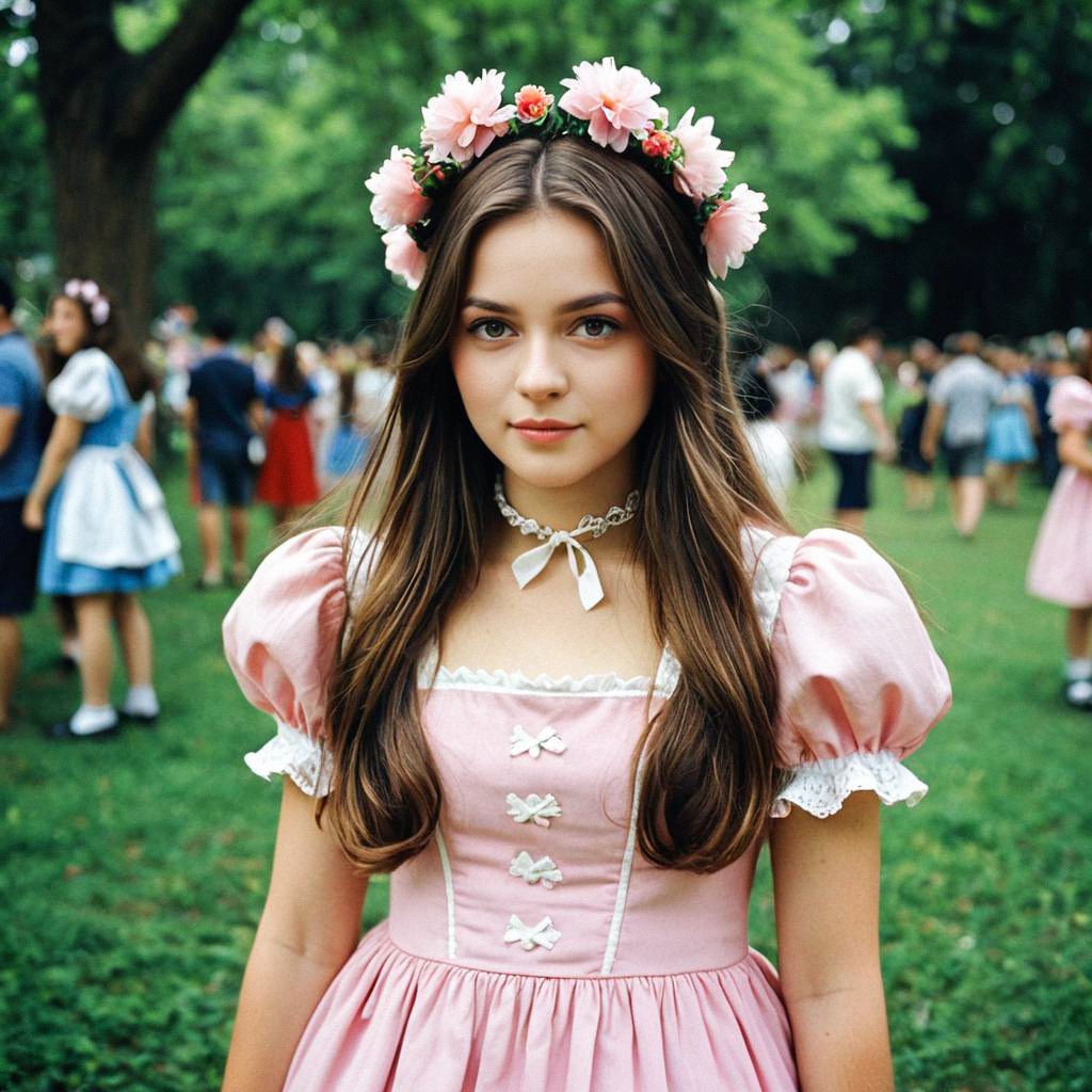 Young woman in pastel pink dress with floral crown in park