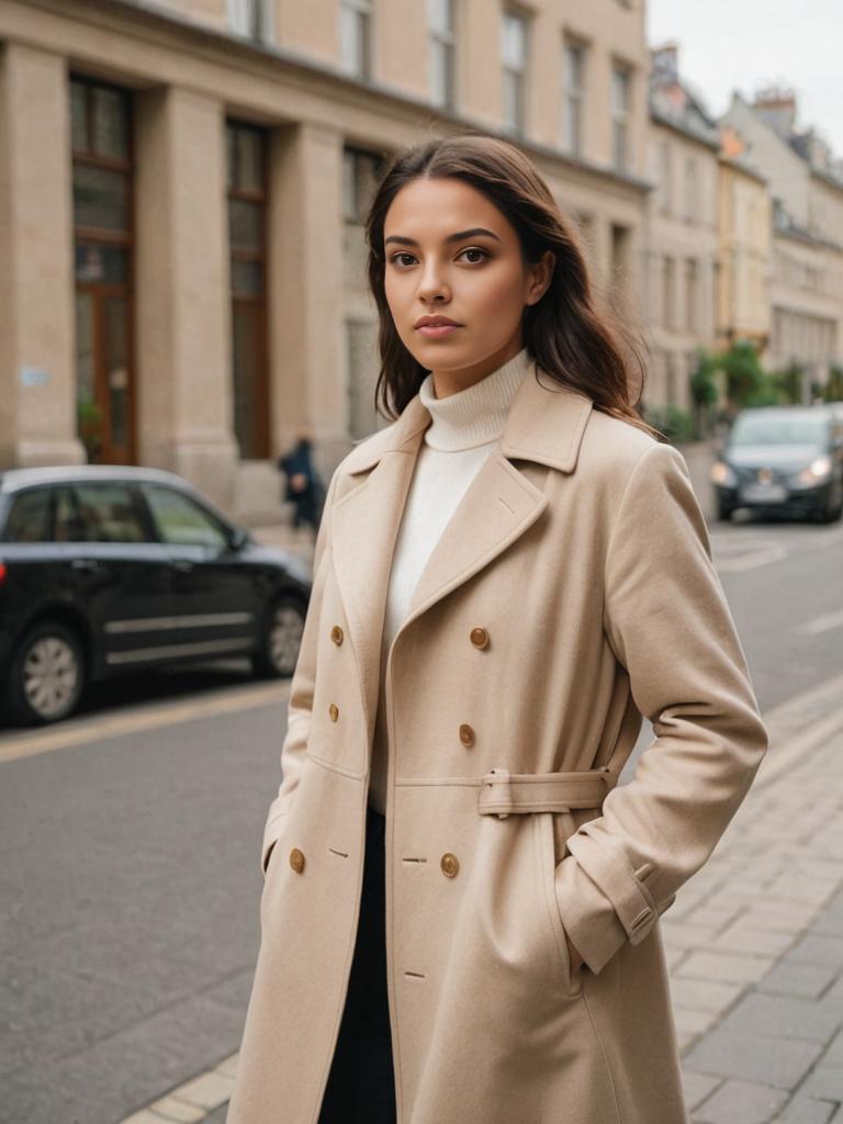 Stylish Woman in Beige Overcoat on City Street