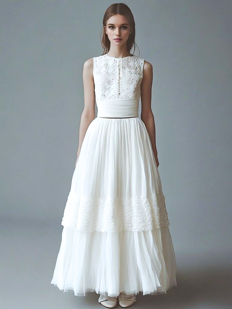 Elegant Woman in White Gown with Lace Detailing