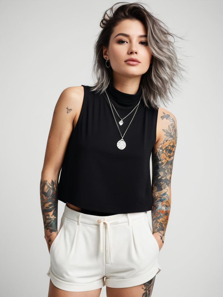 Minimalistic Chic Woman in Sleeveless Black Top and White Shorts