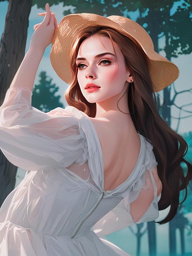 Elegant Young Woman in White Dress and Straw Hat Digital Illustration