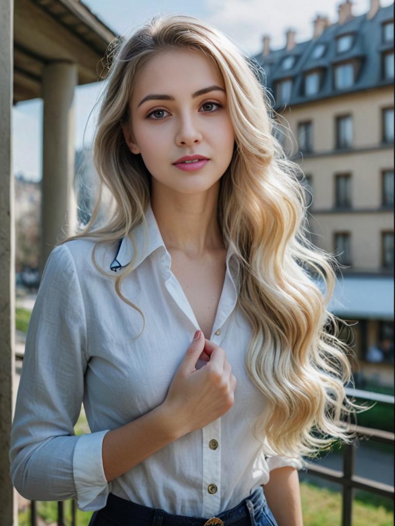 Elegant woman on balcony with European building view