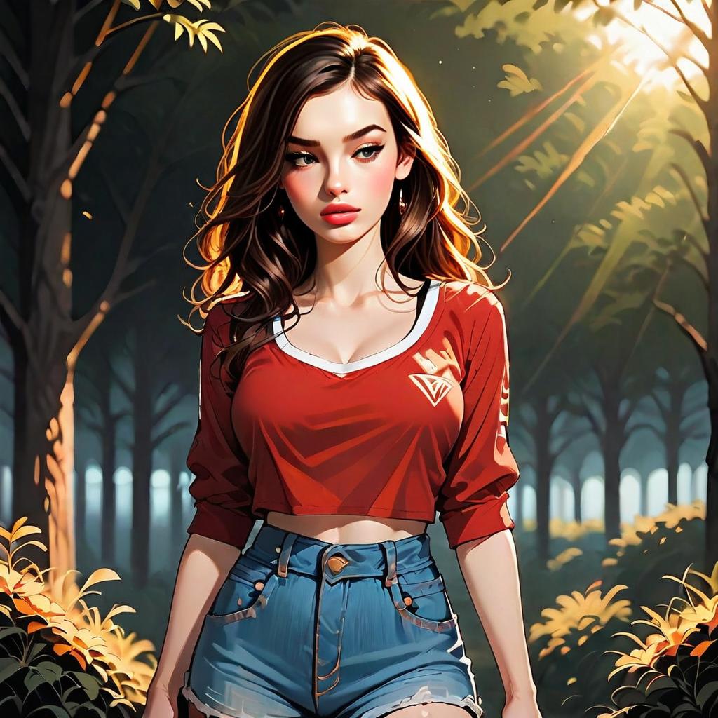 Anime-Style Woman in Red Cropped Top and Denim Shorts in Forest