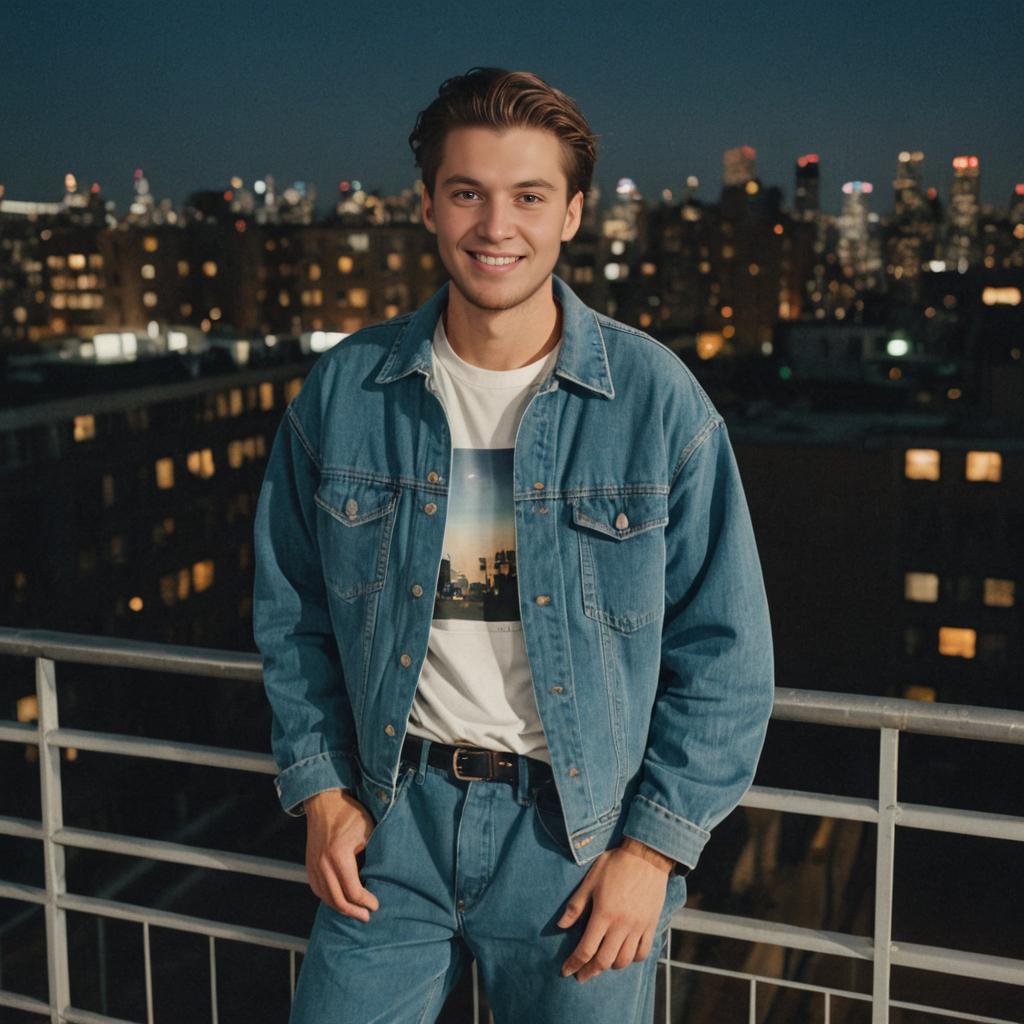 Man in Denim Outfit on Balcony with City Lights