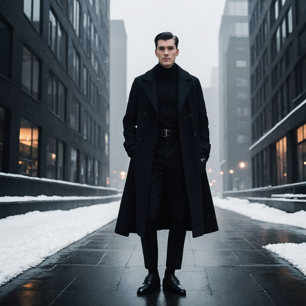 Stylish Man in Black Overcoat in Urban Fog