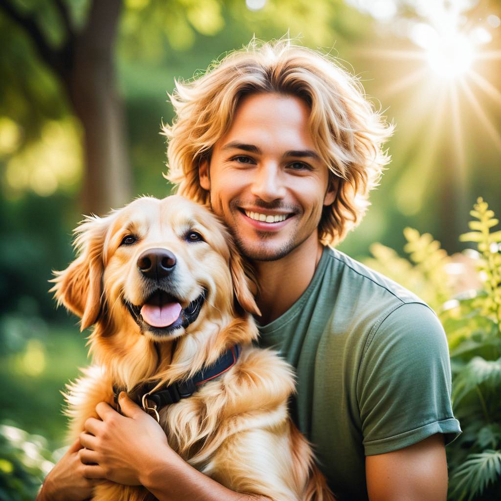 Young man hugging Golden Retriever in sunlight Young man hugging Golden Retriever in sunlight