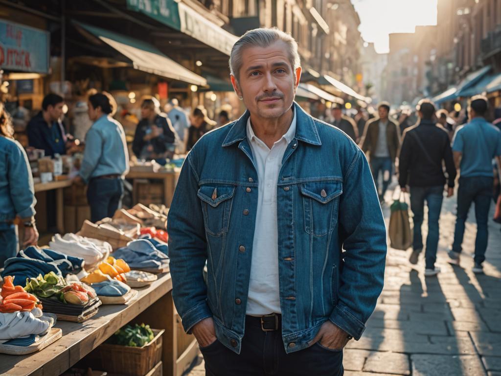 Confident Man in Denim Jacket at Bustling Market