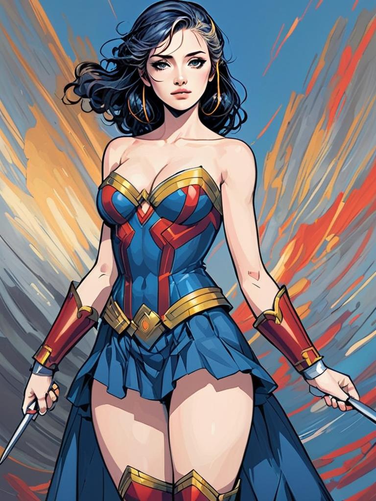 Stylized Comic Art of Woman Superhero in Blue and Red Costume