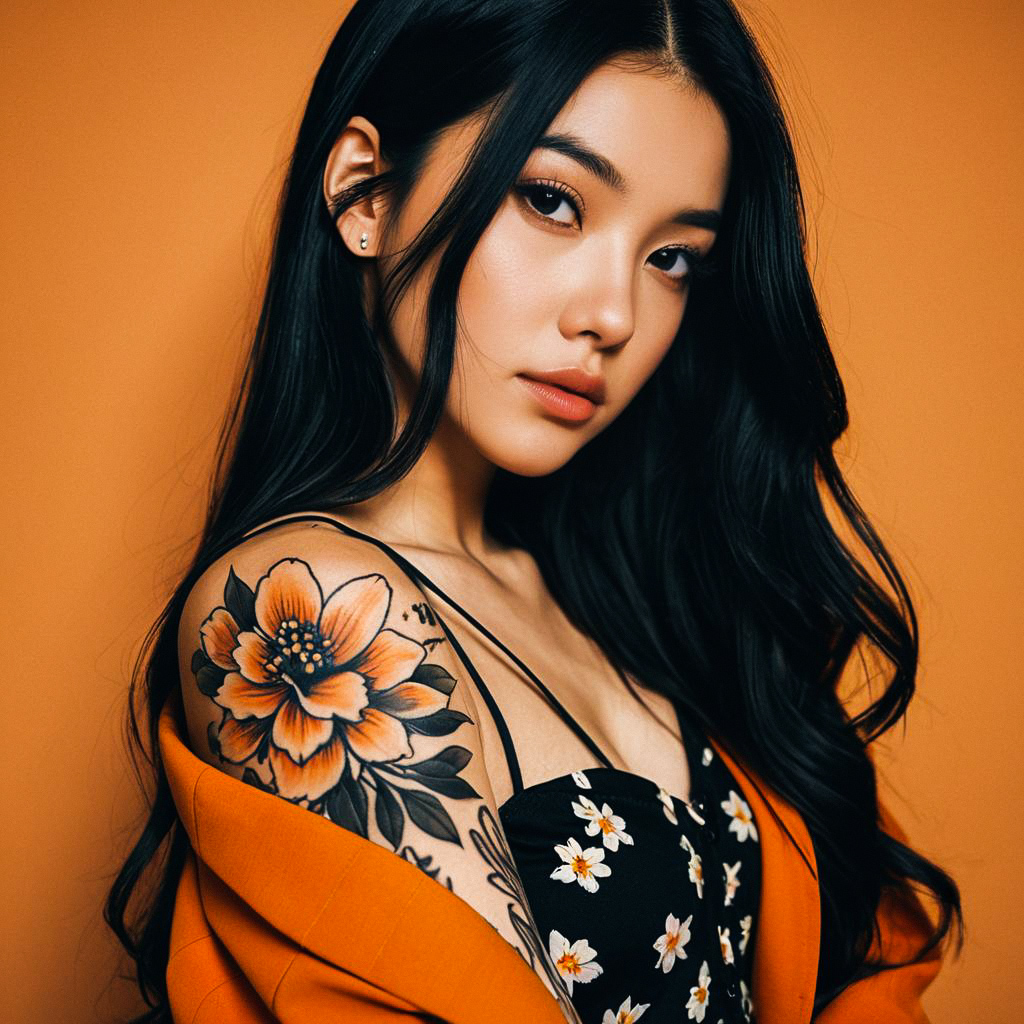 Stylish Woman with Floral Tattoo Against Orange Background Stylish Woman with Floral Tattoo Against Orange Background