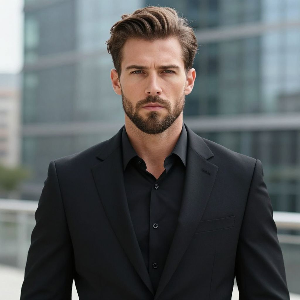 Confident Man in Black Suit with Beard Urban Portrait