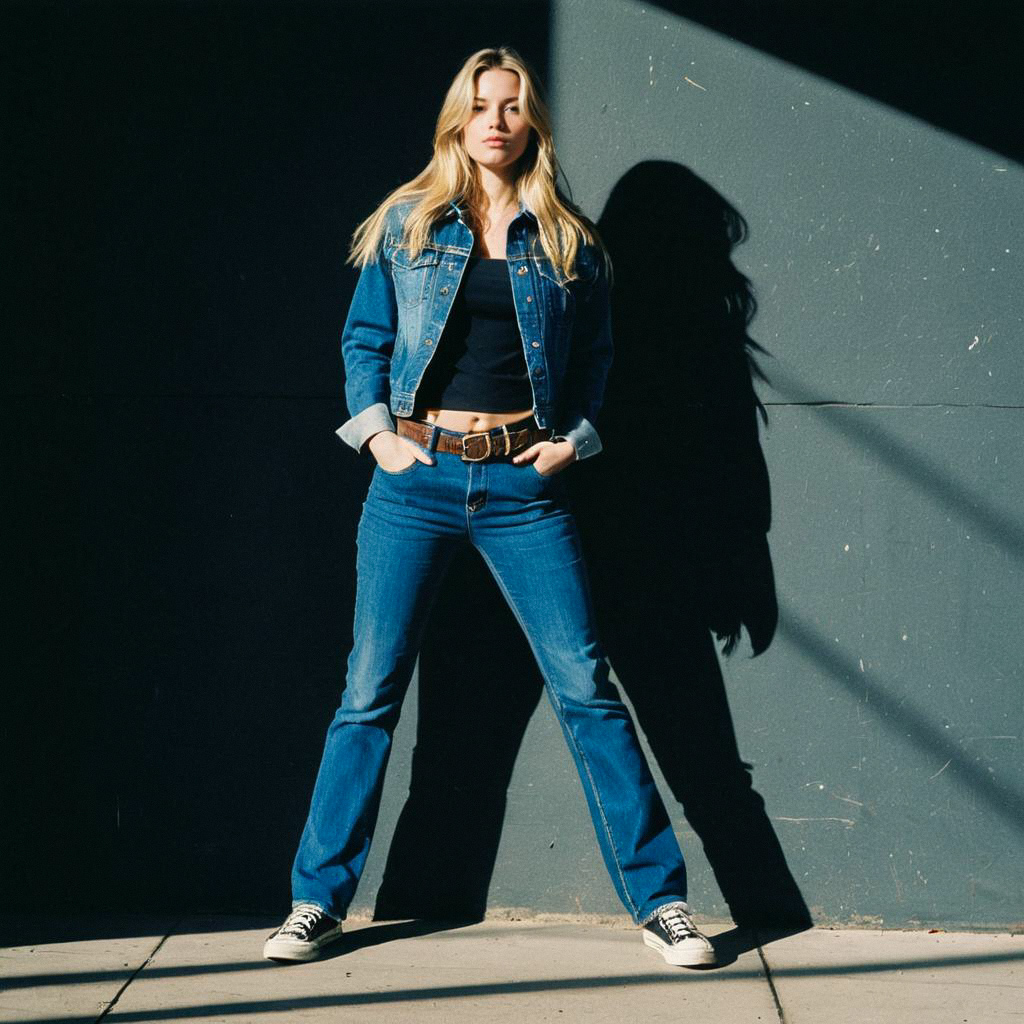 Confident Woman in Denim Outfit Against Dark Wall Confident Woman in Denim Outfit Against Dark Wall