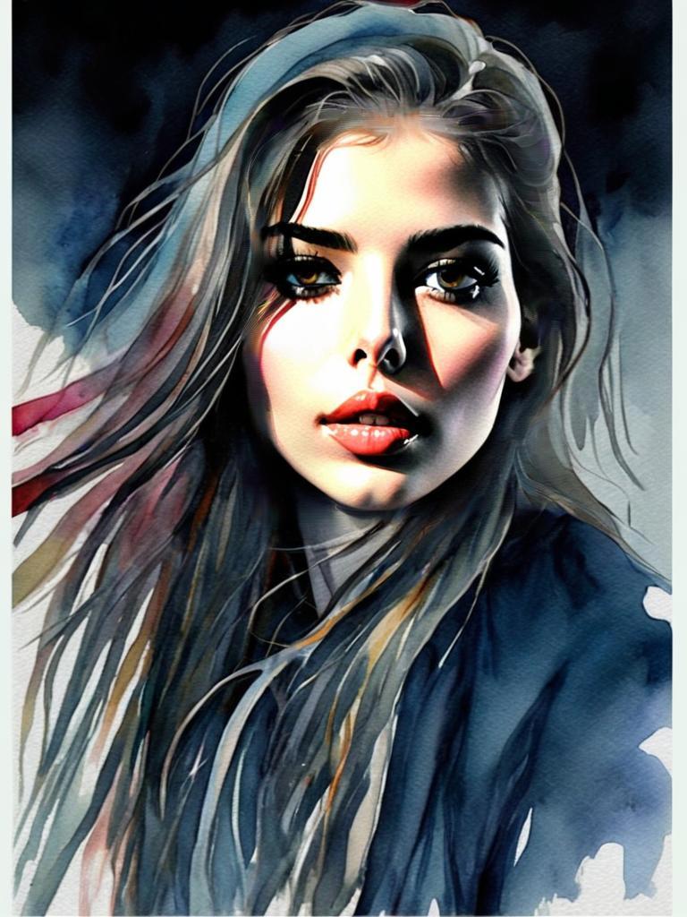 Digital Watercolor Portrait of a Woman with Flowing Hair