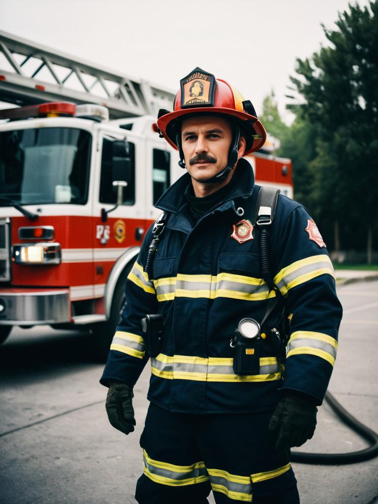 Man in Firefighter Costume Editorial Cosplay Photography with Fire Truck