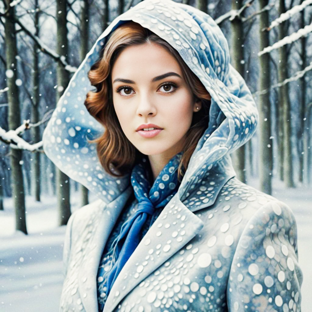 Elegant Woman in Polka-Dot Coat in Winter Forest