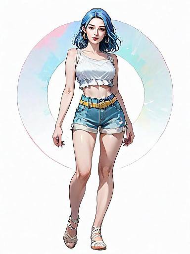 Realistic Digital Illustration of Woman in Summer Outfit with Blue Hair