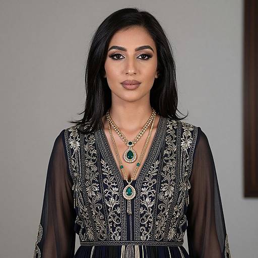 Elegant Woman in Embroidered Navy Traditional Dress with Gold and Green Jewelry