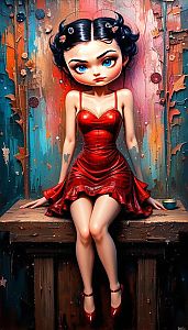Stylized Woman with Blue Eyes in Red Dress