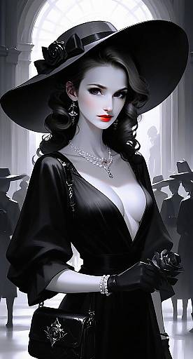 Elegant Woman in Black Gown and Wide-Brimmed Hat with Vintage Jewelry