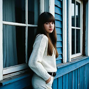 Pensive Woman in Cozy Sweater Against Blue Siding