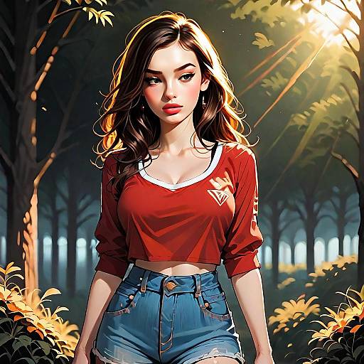 Anime-Style Woman in Red Cropped Top and Denim Shorts in Forest