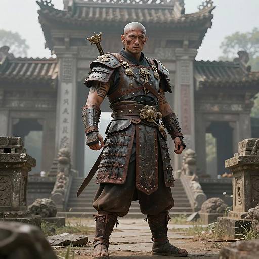 Bald Warrior in Traditional Armor Standing in Ancient East Asian Temple