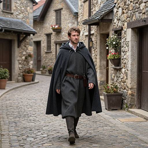 Medieval Man Walking Down Cobblestone Street in Dark Cloak