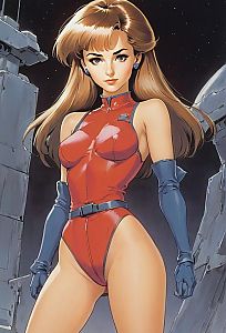 Anime Style Woman in Red Futuristic Bodysuit with Space Background