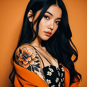 Stylish Woman with Floral Tattoo Against Orange Background