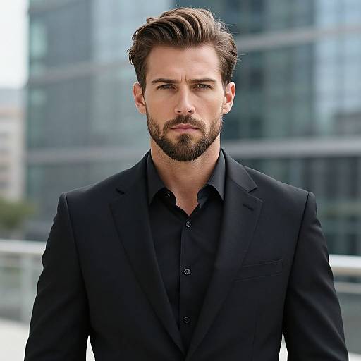 Confident Man in Black Suit with Beard Urban Portrait