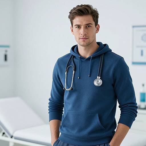 Young Male Doctor in Blue Hoodie with Stethoscope in Medical Office