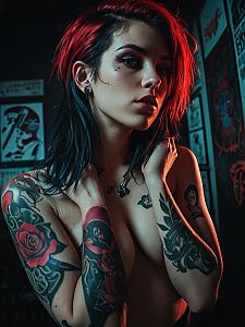 Alternative Woman with Red Black Hair and Tattooed Arms in Moody Light